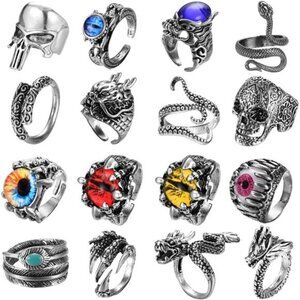 16 Pieces Vintage Punk Rings Gothic Rings Silver Black